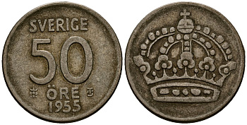 Швеция 50 эре 1955 Густав VI Адольф (1950-1973) KM 825 серебро 4177-935