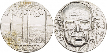 Финляндия 10 марок 1975 S-H, 75 лет президенту Урхо Кекконену KM 54 серебро UNC 1515-1611