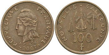 Французская Новая Каледония 100 франков 2003 хижина среди сосен и пальм, (IEOM) KM 15, Schoen 16, Lec 139g никель бронза 109-1034