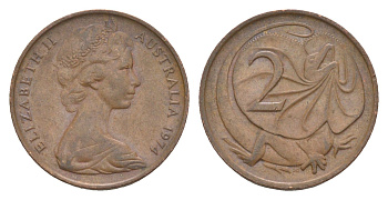 Австралия 2 цента 1974 Елизавета II (1952-2022), плащеносная ящерица KM 63 бронза 4580-225