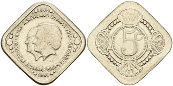 Нидерланды 5 центов 1980 35 лет освобождению Нидерландов от фашистских захватчиков /Юлиана и Бернард/ UC 301 медь цинк никель 4141-134