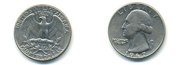 США 25 центов (квотер) 1967 Вашингтон KM 164a медь плакированная медно-никелем 89-412