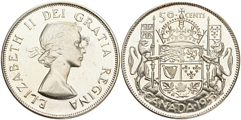 Канада 50 центов 1953 Елизавета II (1952-2022), WITHOUT STRAPS KM 53 серебро 1525-424
