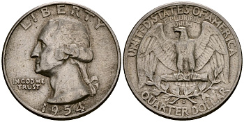 США 25 центов = квотер 1954 D, Вашингтон KM 164 серебро 4177-727