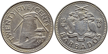 Барбадос 25 центов 1978 ветряная мельница Моргана Льюиса KM 13 медно-никель 4398-351