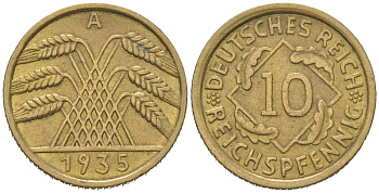 Германия 10 рейхспфеннигов 1935 A KM 40, J. 317 алюминиевая бронза 4115-1057
