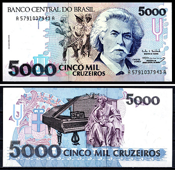 Бразилия 5000 крузейро ND (1990-1993) Карлось Гомес, музыкант, рояль Pick 232 c бумага UNC (пресс) 7551-23-2-2