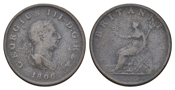 Великобритания 1/2 пенни 1806 Георг III (1760-1820) KM 662, Spink 3781 медь 4662-1023