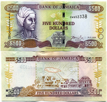 Ямайка 500 долларов 2008 15 января 2008, Кенни (Королева Маронов) Pick 85e бумага UNC (пресс) 447-90-1