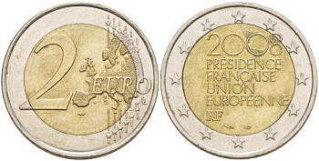 Франция 2 евро 2008 председательство в ЕС KM 1459 биметалл 216-1141