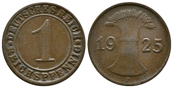 ГЕРМАНИЯ 1 РЕЙХСПФЕННИГ 1925 J KM 37, J. 313 бронза 4380-1128