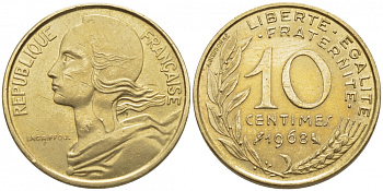 ФРАНЦИЯ 10 САНТИМОВ 1968 ТИП MARIANNE KM 929, LE FRANC 144.8 алюминиевая бронза 105-1228
