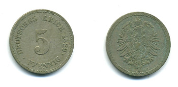ГЕРМАНИЯ 5 ПФЕННИГОВ 1889 E, СТАРОГЕРБОВКА KM 3, J.3 медно-никель 54-362