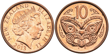 Новая Зеландия 10 центов 2013 маска Маори, Елизавета II (1952-) KM 117а сталь плакированная медью 98-654