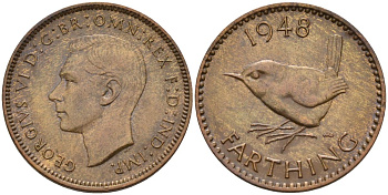 Великобритания 1 фартинг 1948 Георг VI (1936-1952) KM 843, Spink 4116 бронза 4154-263