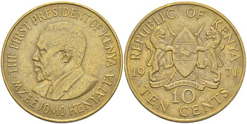 Кения 10 центов 1971 Джомо Кениата KM 11 никель латунь 4512-241