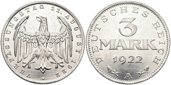 Германия 3 марки 1922 A, третья годовщина Веймарской Конституции KM 29, J.303 алюминий UNC 4587-134