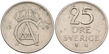 Швеция 25 эре 1969 Густав VI Адольф (1950-1973) KM 836 медно-никель 4564-756