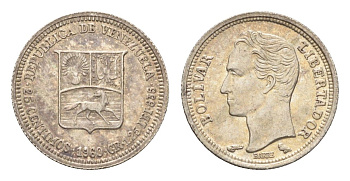 Венесуэла 25 сентимо 1960 год-тип, Симон Боливар Y 35a серебро aUNC 4668-1023