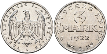 Германия 3 марки 1922 А, третья годовщина Веймарской Конституции KM 29, J.303 алюминий UNC 91-1043