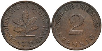ФРГ 2 пфеннига 1972 D KM 106а сталь плакированная медью 4171-414