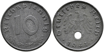 ГЕРМАНИЯ 10 РЕЙХСПФЕННИГОВ 1941 D KM 101, J.371 цинк 95-747