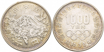 Япония 1000 йен 1964 год 39 император Хирохито (1926-1989), XVIII летние Олимпийские игры в Токио, 1964 года, Фудзияма KM 80 серебро 4044-524
