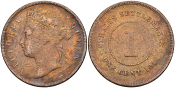 Стрейтс-Сетлментс 1 цент 1874 Виктория (1837-1901), Ост-Индская компания KM 9 медь 4590-334