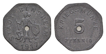 Бенсхайм 5 пфеннигов 1917 Funck 34.2A, Men05 1739.2, Men18 2245.2 цинк 4636-1111