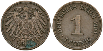 Германия 1 пфенниг 1904 G, Вильгельм II (1888-1918) KM 10, J. 10 медь 4608-229