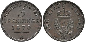 ПРУССИЯ 3 ПФЕННИГА 1870 А, ВИЛЬГЕЛЬМ I (1861-1888) KM 482 медь 4448-1146