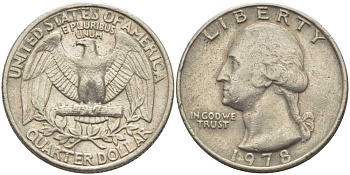 США 25 центов (квотер) 1978 Вашингтон KM A164a медь плакированная медно-никелем 117-252