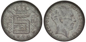 БЕЛЬГИЯ 5 ФРАНКОВ 1945 BELGES, ГЕРМАНСКАЯ ОККУПАЦИЯ, ВТОРАЯ МИРОВАЯ ВОЙНА KM 129.1 цинк 27-953