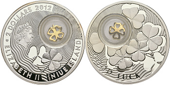 Ниуэ 2 доллара 2012 четырехлистный клевер, монета на счастье, в оригинальной упаковке KM 931 серебро PROOF 3-4-6-21