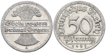 Германия 50 пфеннигов 1921 A KM 27, J. 301 алюминий 60-1125