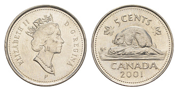 Канада 5 центов 2001 P, Елизавета II (1952-2022), бобр KM 182b сталь плакированная никелем UNC 4639-529