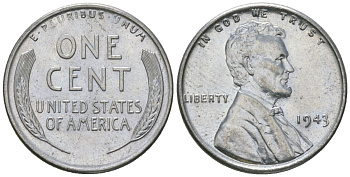 США 1 цент 1943 Авраам Линкольн KM 132 a сталь покрытая цинком aUNC 112-867