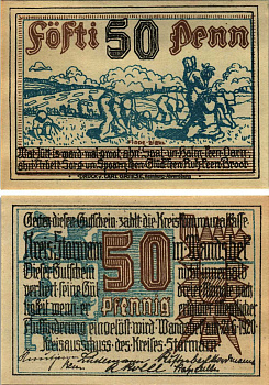 ШТОРМАРН 50 ПФЕННИГОВ 1920 НОТГЕЛЬД, 24 ИЮНЯ 1920, ЗЕМЛЯ ШЛЕЗВИГ-ГОЛЬШТЕЙН Grabowski S115.1 бумага 8608-14-3-1