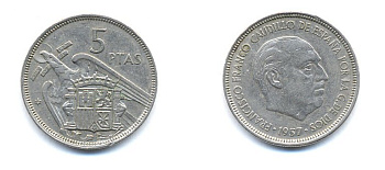 Испания 5 песет 1957 (75) Франциско Франко (1939-1975) KM 786 медно-никель 54-1616