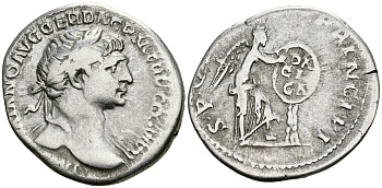 Римская Империя денарий 112 - 114 Траян SPQR OPTIMO PRINCIPI Виктория, пишущая на щите DACICA Рим Very fine RIC 286 серебро 1073-4-2-3