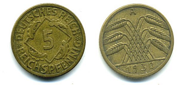 ГЕРМАНИЯ 5 РЕЙХСПФЕННИГОВ 1930 A, KM 39, J. 316 алюминиевая бронза 46-2332
