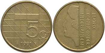 НИДЕРЛАНДЫ 5 ГУЛЬДЕНОВ 1991 БЕАТРИКС (1980-2013) KM 210 никель плакированный бронзой 181-733