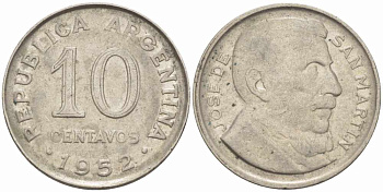 Аргентина 10 сентаво 1952 генерал Хосе де Сан Мартин KM 47а сталь плакированная никелем 105-555