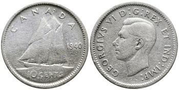 Канада 10 центов 1940 ГЕОРГ VI (1937-1952), ПАРУСНИК KM 34 серебро 4532-738