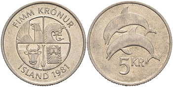 Исландия 5 крон 1981 дельфины KM 28 медно-никель 4556-1013
