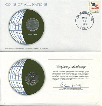 США 25 ЦЕНТОВ = КВОТЕР 1979 монета в конверте с маркой и спецгашением, ВАШИНГТОН UNC 4294-11-1