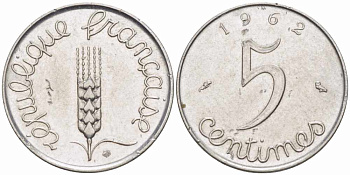 ФРАНЦИЯ 5 САНТИМОВ 1962 ПЯТАЯ РЕСПУБЛИКА KM 927, LE FRANC 124.4 хромированная сталь 105-423