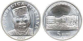 Италия 5 евро 2007 200 лет со дня рождения Джузеппе Гарибальди KM 292 серебро UNC 6-5-1-32