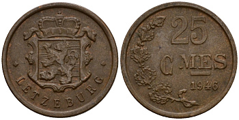 Люксембург 25 сантимов 1946 Шарлотта (1918-1964) KM 45 бронза 4532-229