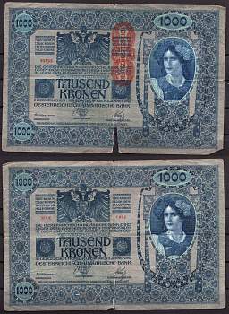 Австрия 1000 крон 1902 (1919) Женщина, австрийское знаме, с печатью Pick 59 бумага 6289-48-3-1